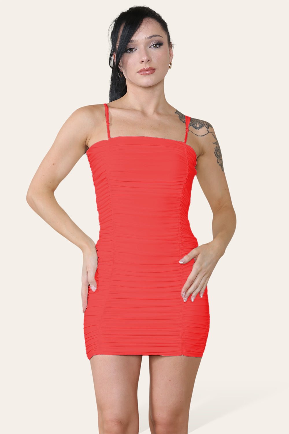 White / Cream Double Layered Naked Shoulder Ruched Body-Con Cami Dress Mini Style For Women 8 - Dropwear