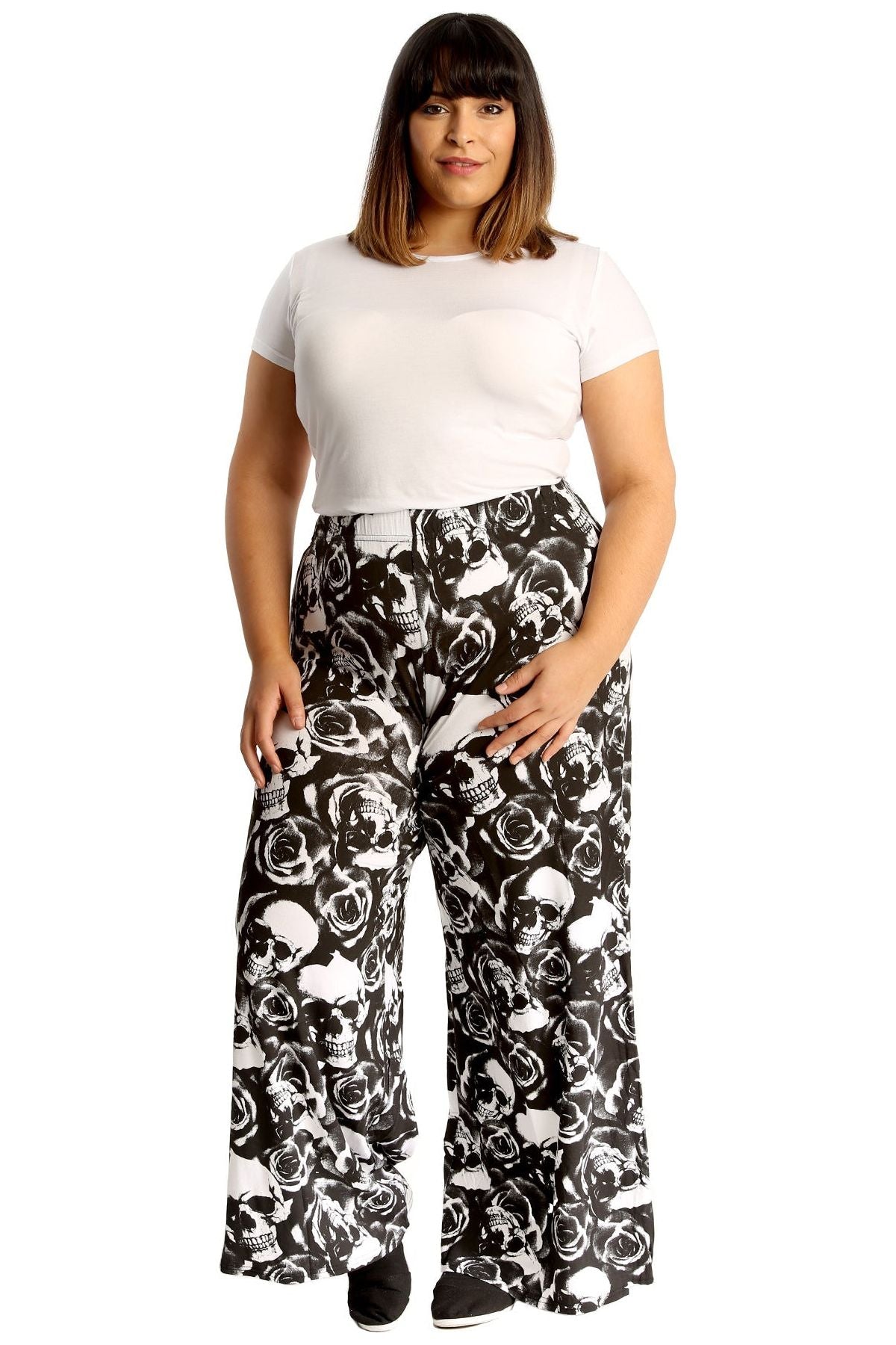 Plus Size Skull Roses Print Palazzo Trouser For Women  - Dropwear