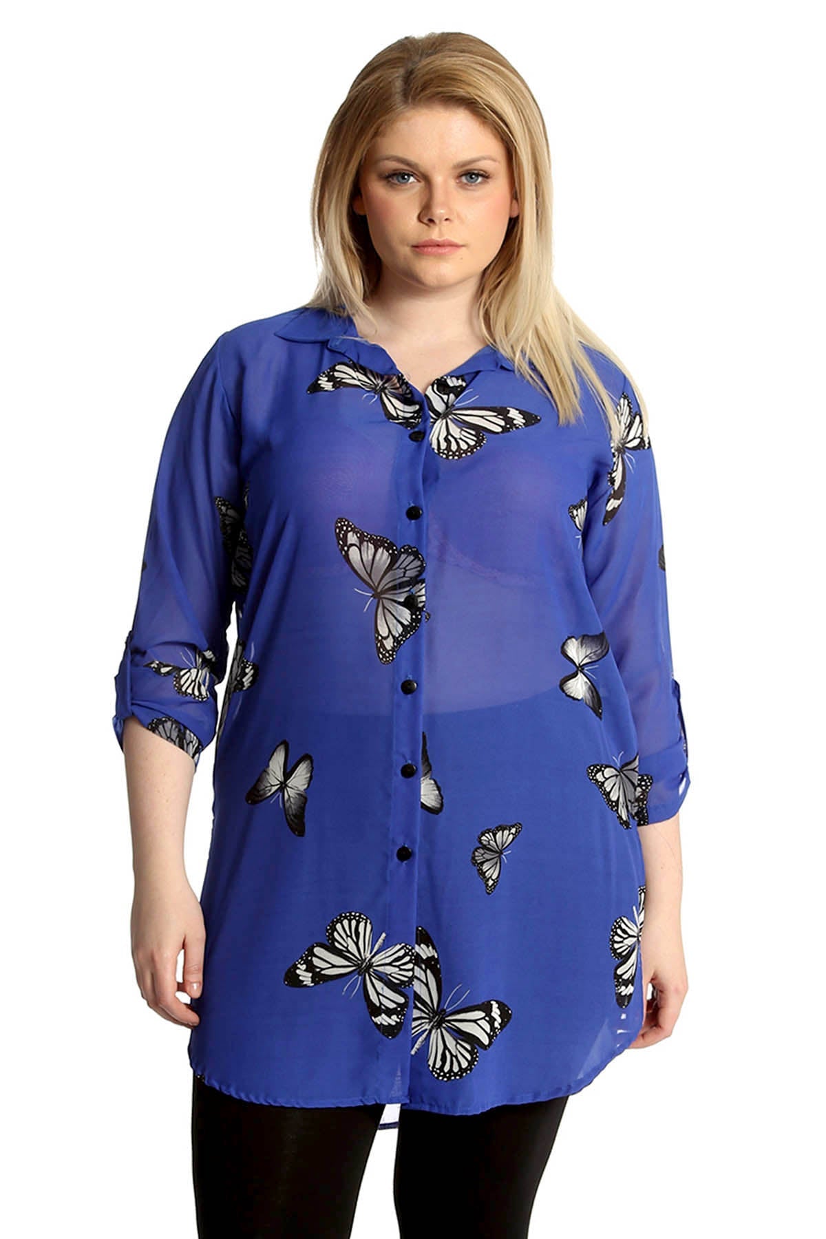 Royal Blue Butterfly Print Side Slit Curved Hem Top For Women 22 - Dropwear