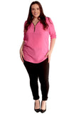 Zip Curved Hem V-Neck Batwing Sleeve Top For Women  - Dropwear