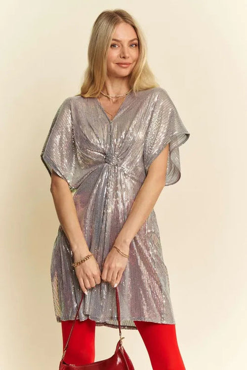 Davi & Dani Sequin Plunge Neck Knot Cut Out Tie Back Party Dress