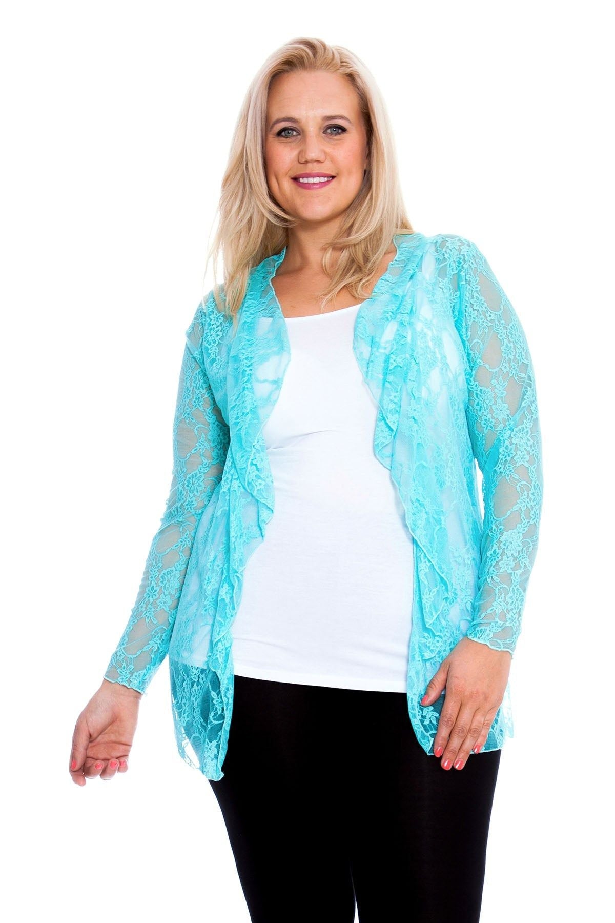 Turquoise Floral Lace Open Cardigan Waterfall Top For Women 14 - Dropwear