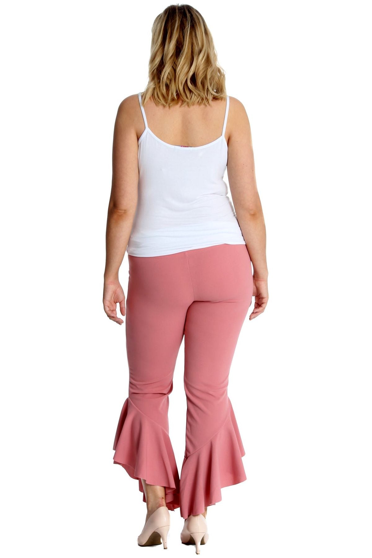 Pink Plus Size Frill Asymmetric Hem Plain Trousers For Women 24-26 - Dropwear