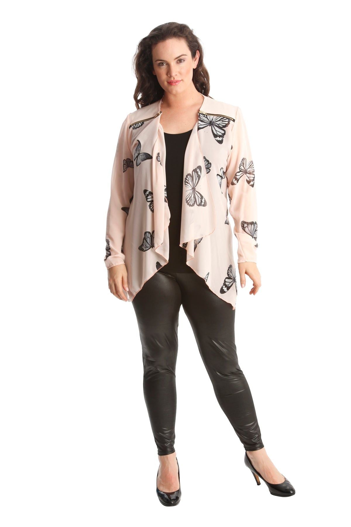 Black Chiffon Butterfly Print Sheer Cardigan Top For Women 16 - Dropwear