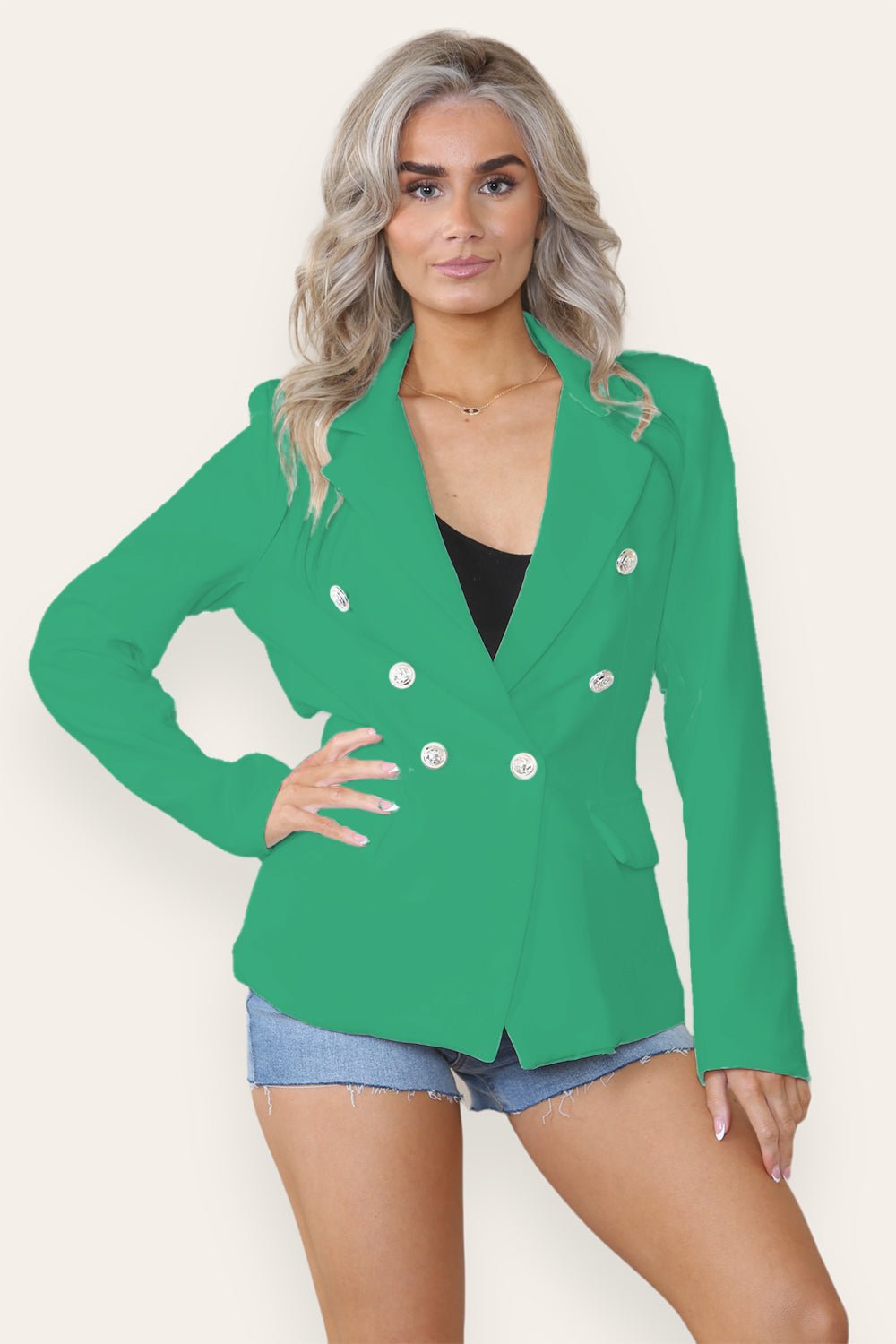 Beige Fitted Lined Double Gold Button Collared Blazer Jacket For Women MEDIUM - Dropwear
