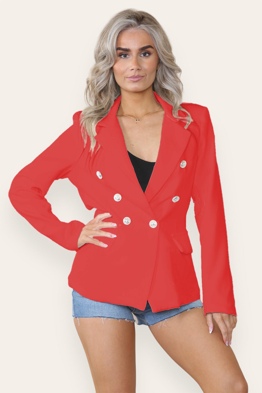 Fuchsia Fitted Lined Double Gold Button Collared Blazer Jacket For Women MEDIUM - Dropwear