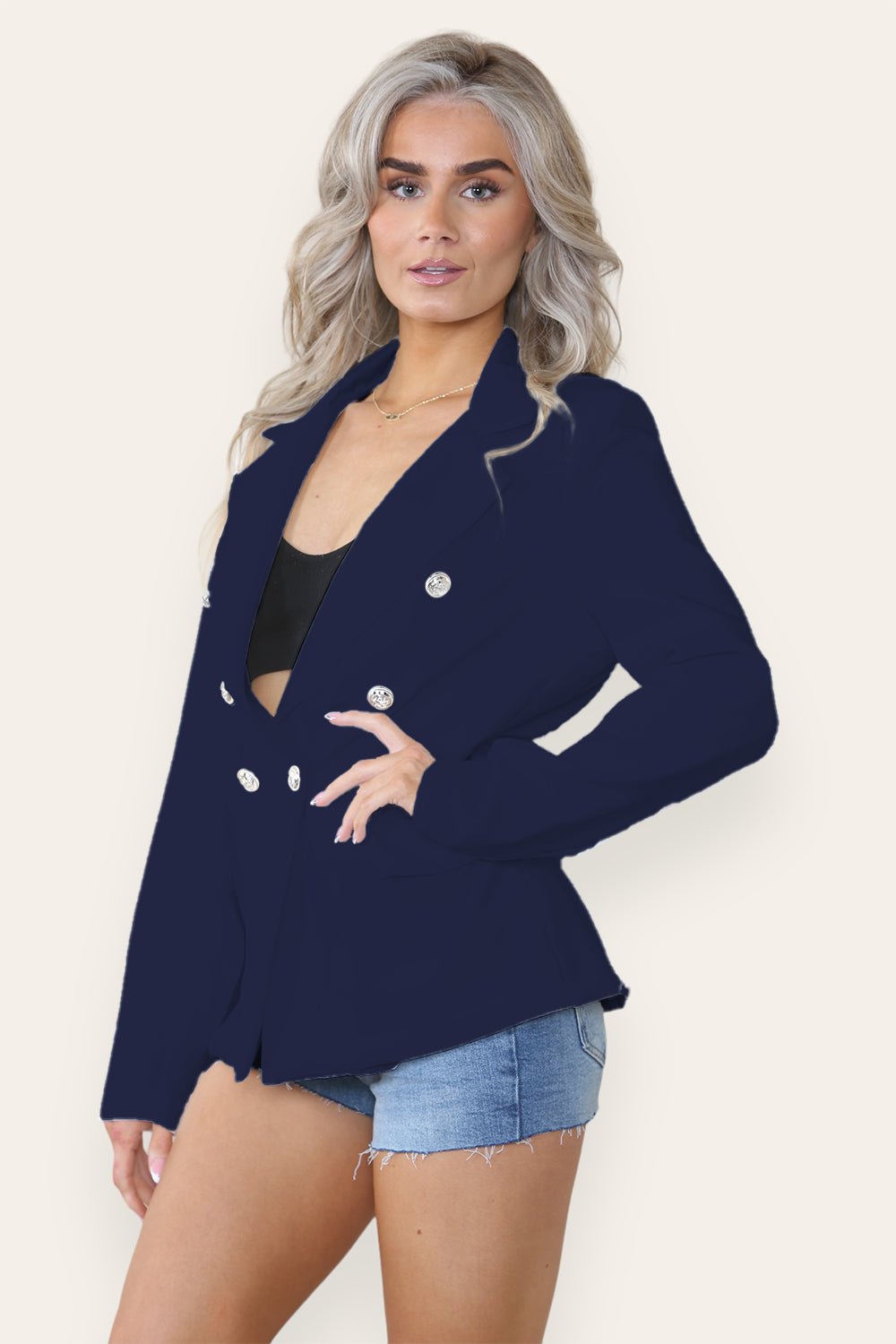 Navy Blue Fitted Lined Double Gold Button Collared Blazer Jacket For Women MEDIUM - Dropwear