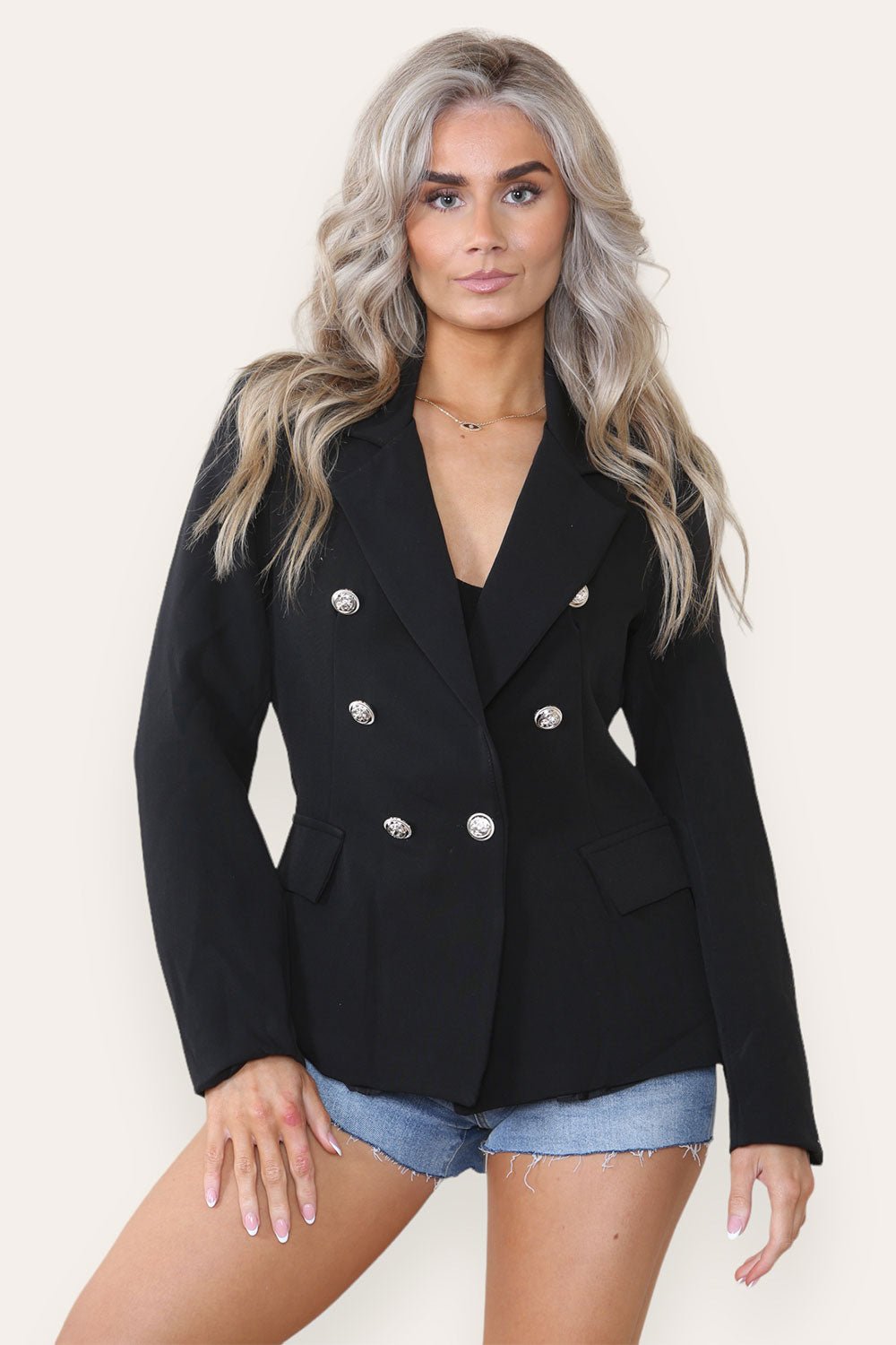 Cream/White Fitted Lined Double Gold Button Collared Blazer Jacket For Women SMALL - Dropwear