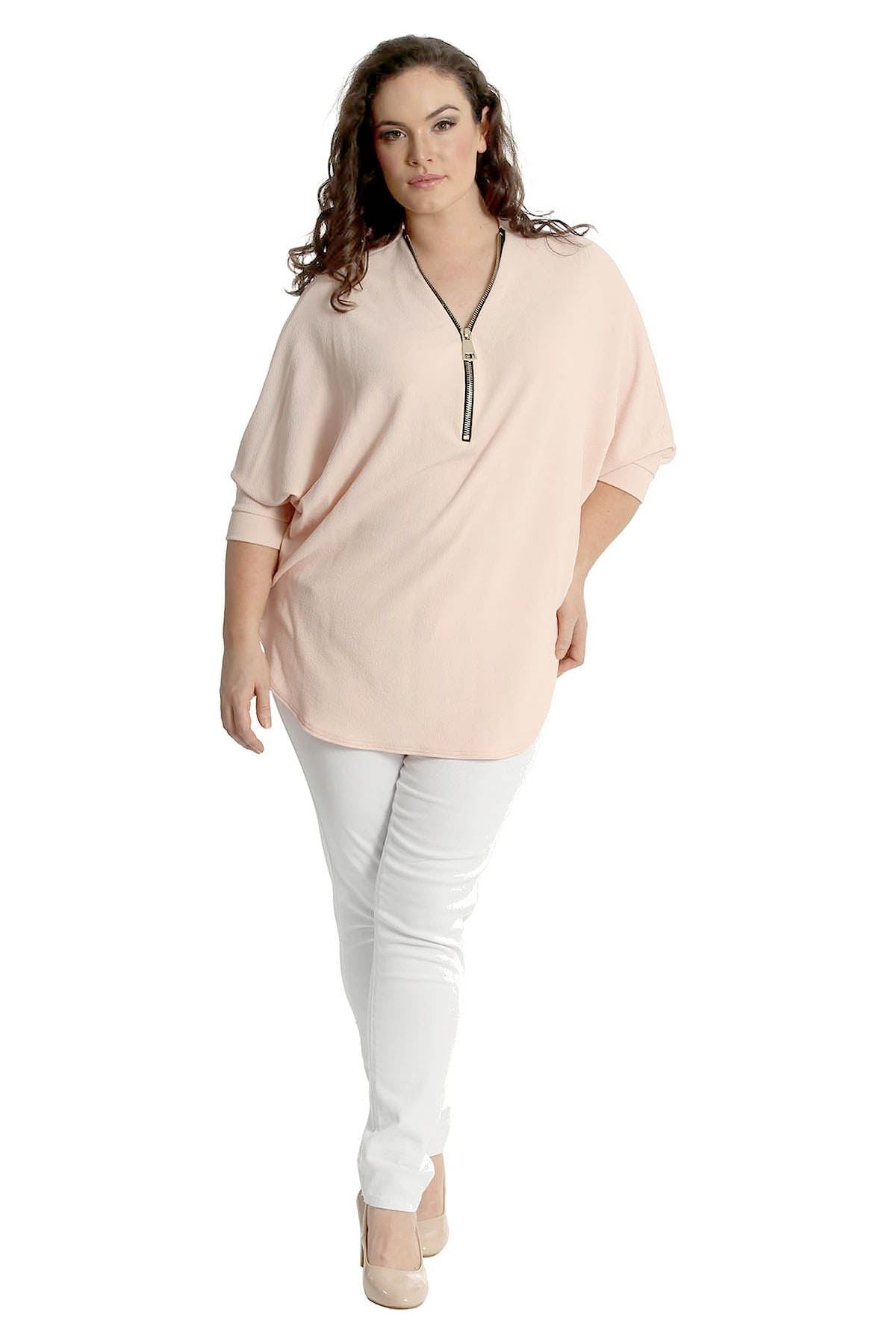 Zip Curved Hem V-Neck Batwing Sleeve Top For Women  - Dropwear