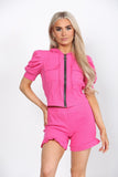 Fuchsia Front Pocket Zip Up Suit Ribbed Hooded Lounge WearÂ ShortÂ Set For Women S/M - Dropwear