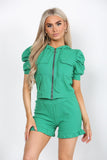 Sky Blue Front Pocket Zip Up Suit Ribbed Hooded Lounge WearÂ ShortÂ Set For Women S/M - Dropwear