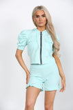 Neon Green Front Pocket Zip Up Suit Ribbed Hooded Lounge WearÂ ShortÂ Set For Women S/M - Dropwear