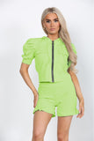Jade Green Front Pocket Zip Up Suit Ribbed Hooded Lounge WearÂ ShortÂ Set For Women S/M - Dropwear