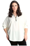 Zip Curved Hem V-Neck Batwing Sleeve Top For Women  - Dropwear