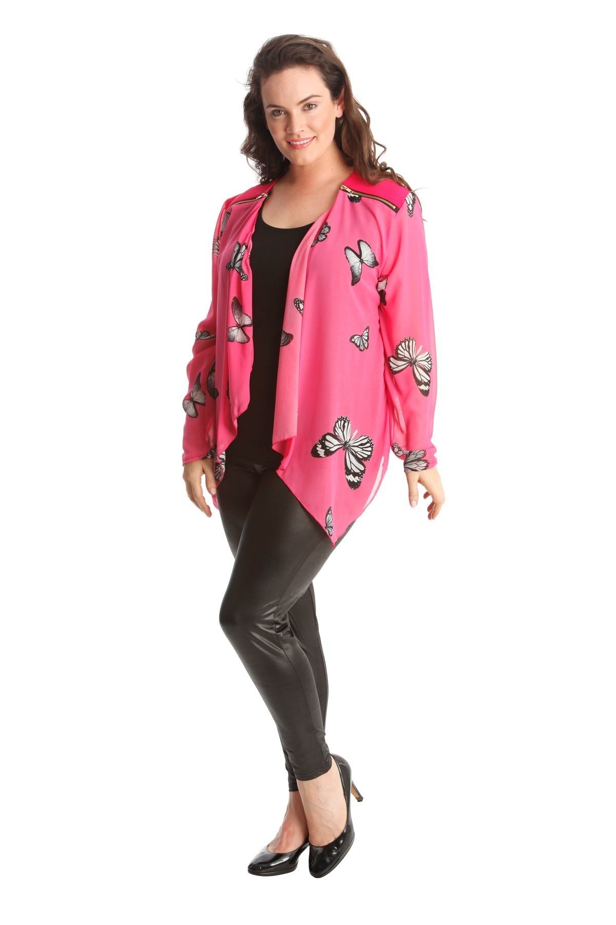 Cerise Chiffon Butterfly Print Sheer Cardigan Top For Women 20 - Dropwear