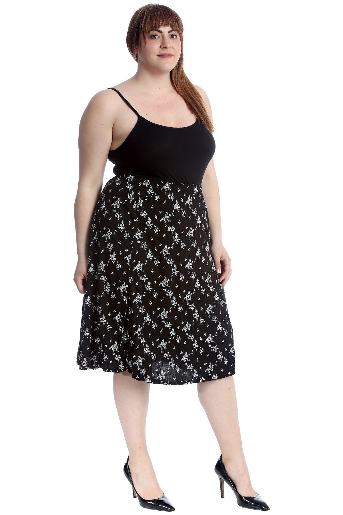 Black White Floral Plus Size Floral Print Midi Skirt For Women 24-26 - Dropwear
