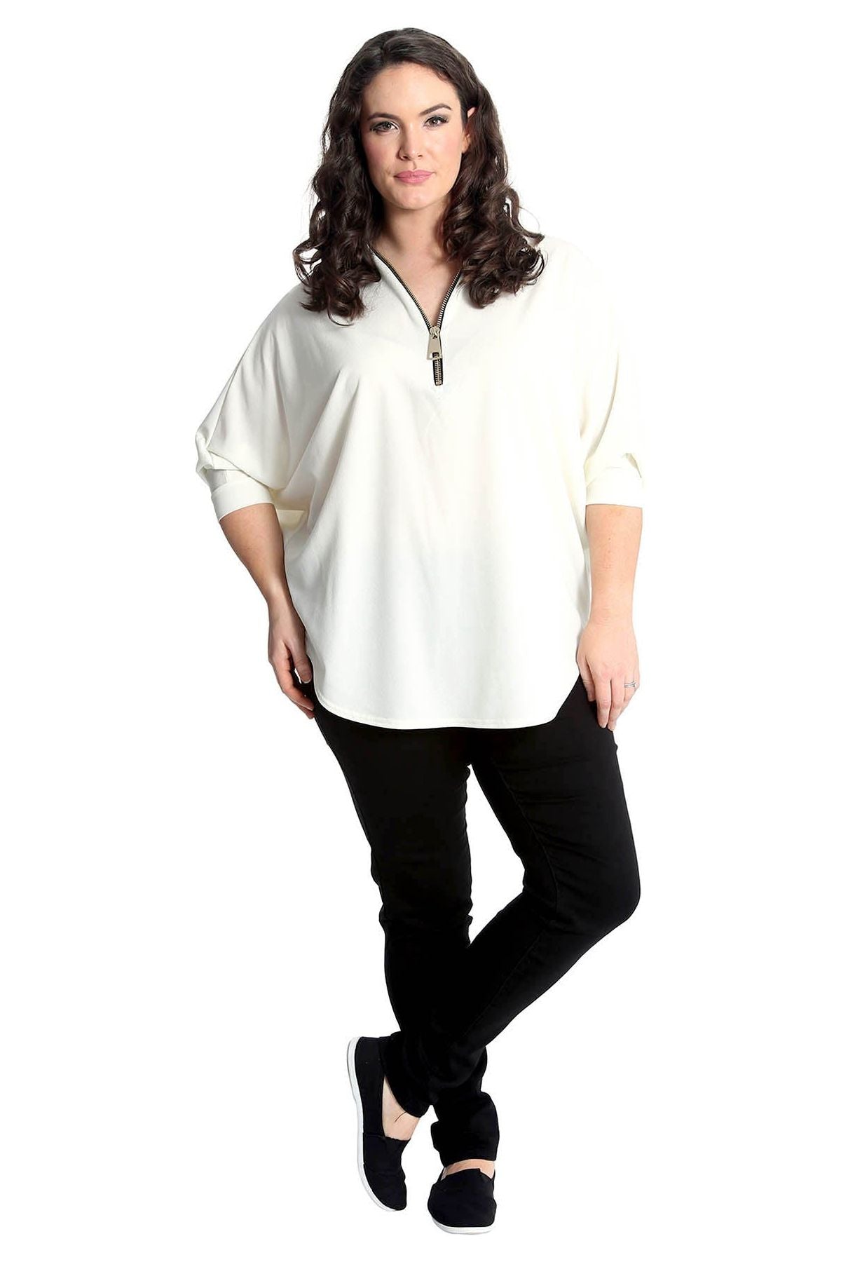 Zip Curved Hem V-Neck Batwing Sleeve Top For Women  - Dropwear