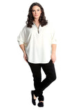 Zip Curved Hem V-Neck Batwing Sleeve Top For Women  - Dropwear