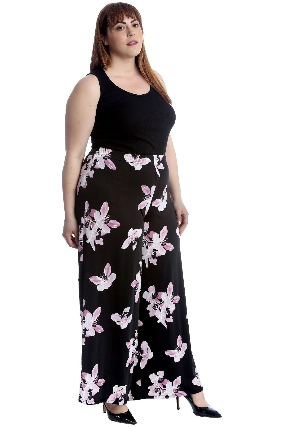 Black Light Green Plus Size Floral Print Palazzo Trouser For Women 24-26 - Dropwear