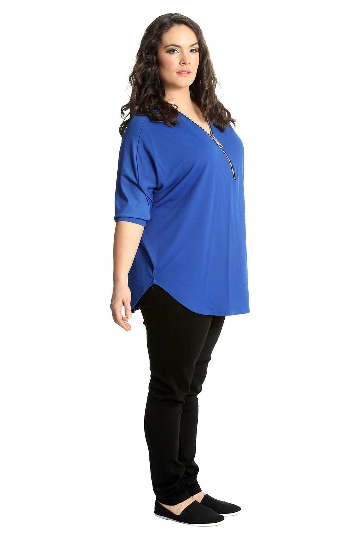 Zip Curved Hem V-Neck Batwing Sleeve Top For Women  - Dropwear