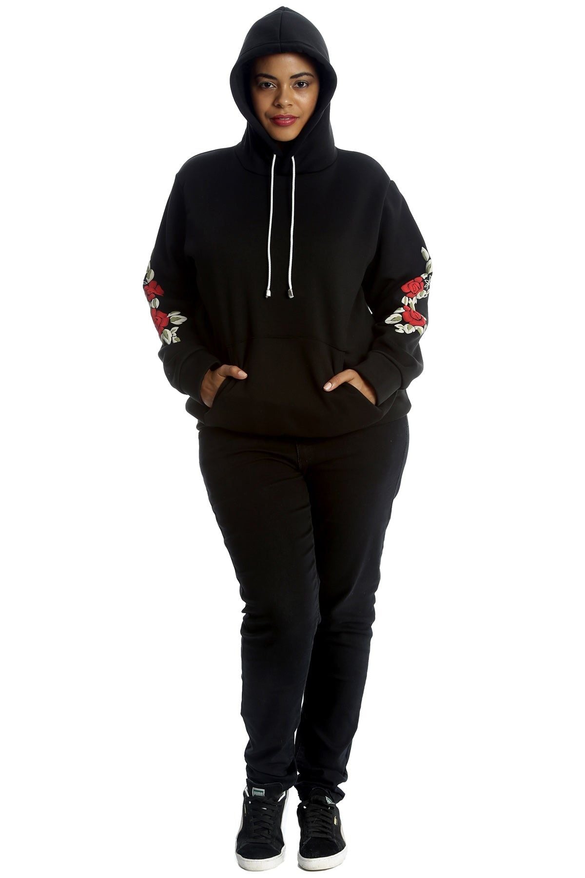 Black Embroidered Pouch Pocket Sweatshirt For Women 16-18 - Dropwear