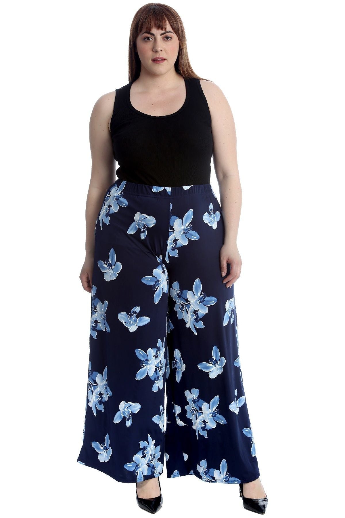 Black Purple Plus Size Floral Print Palazzo Trouser For Women 20-22 - Dropwear