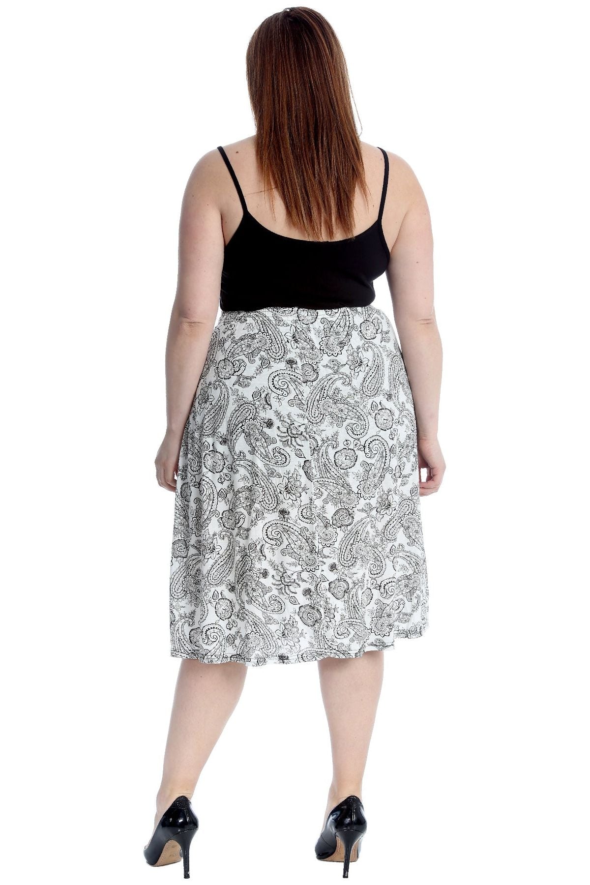 Paisley White Plus Size Paisley White Print Midi Skirt For Women 28-30 - Dropwear