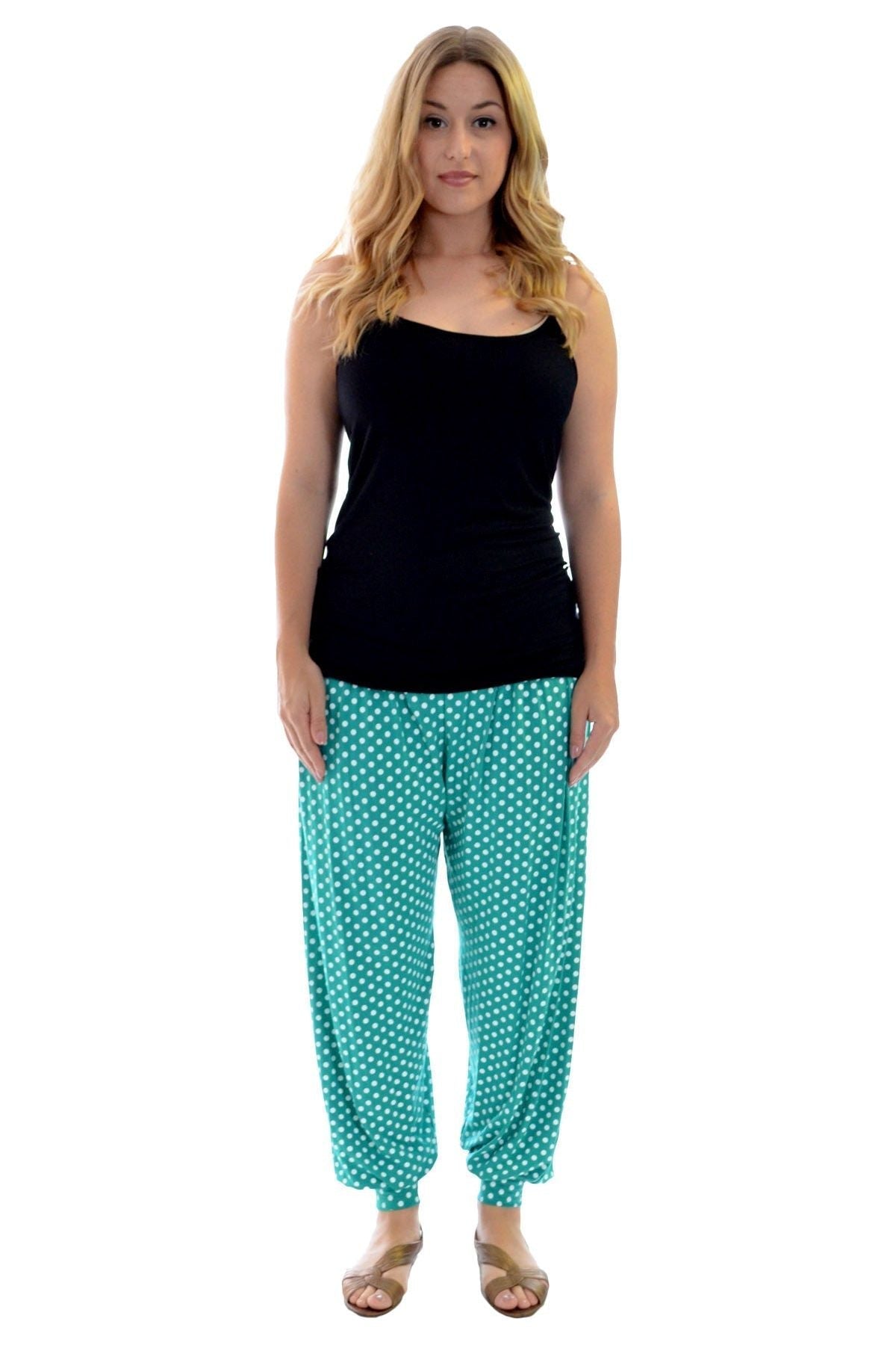 Green Spot Plus Size Polka Dot Print Harem Trouser For Women 24-26 - Dropwear