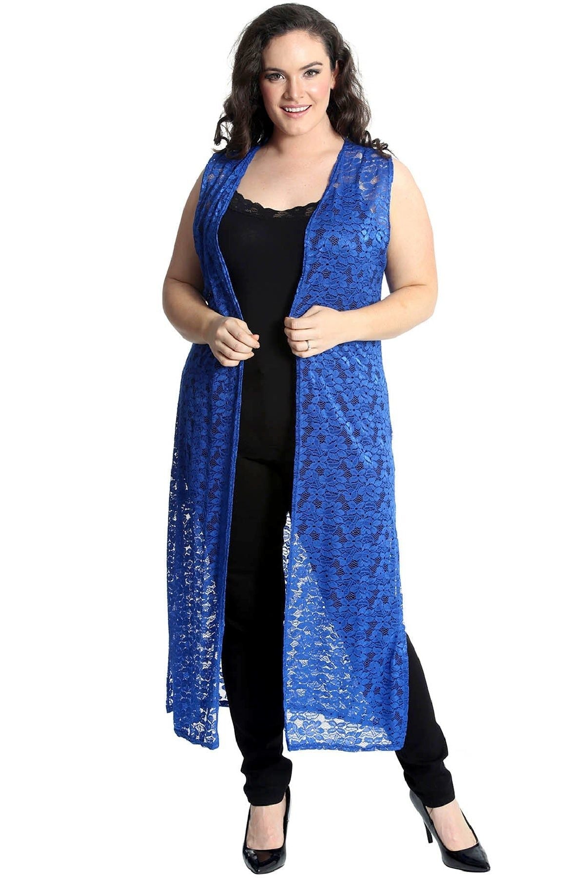 Royal Blue Floral Lace Open Top Long Cardigan For Women 14 - Dropwear