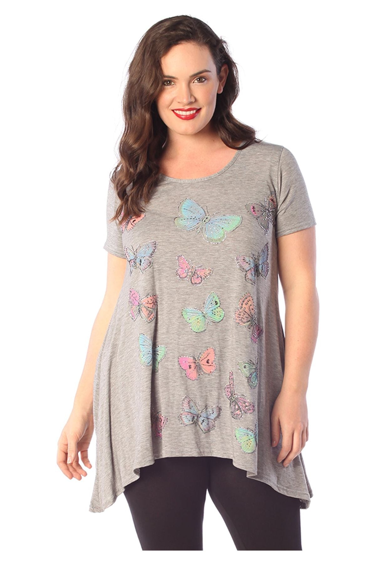 Grey Butterfly Hanky Hem Short Sleeve Top For Women 22-24 - Dropwear
