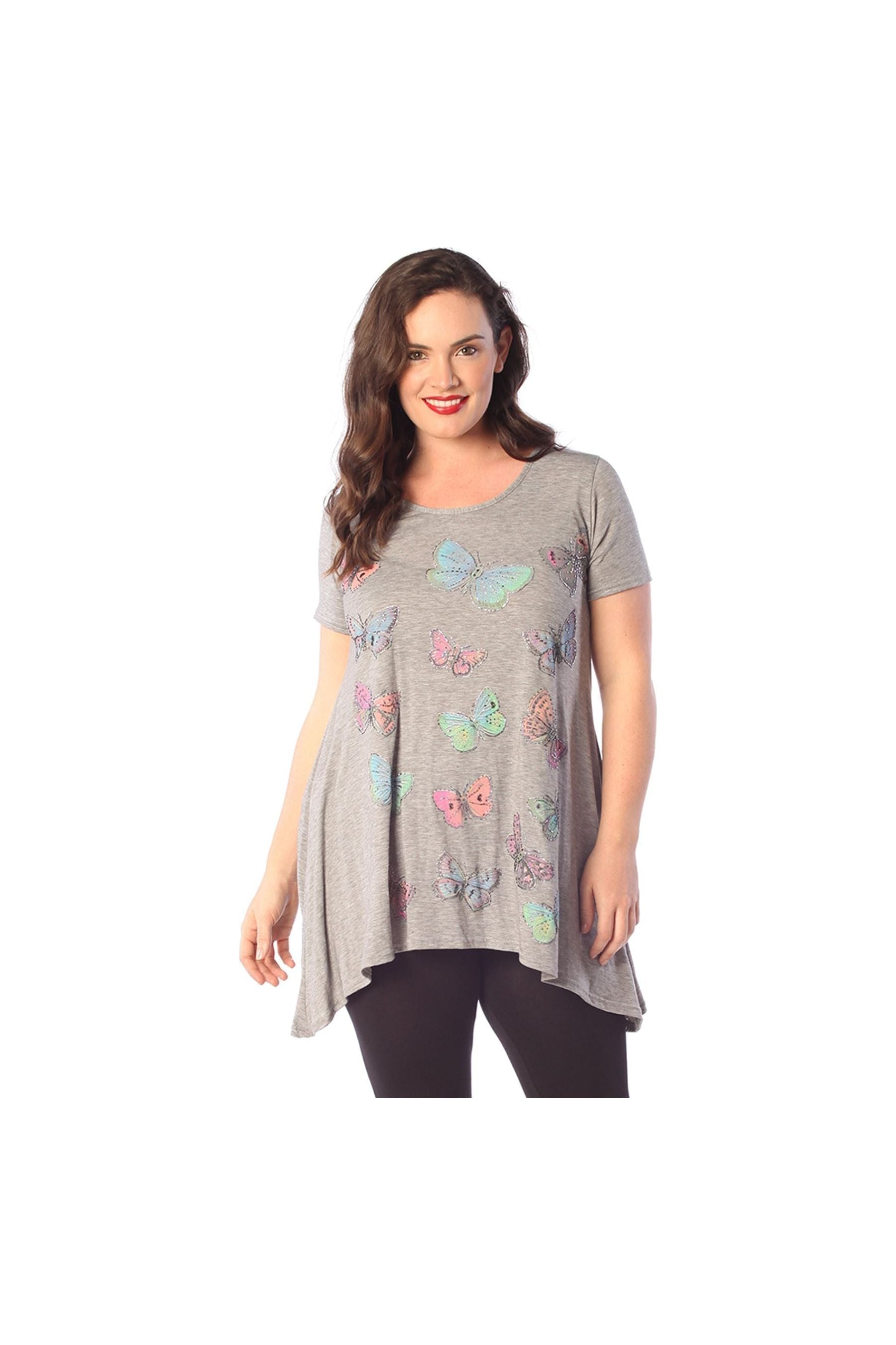 Green Butterfly Hanky Hem Short Sleeve Top For Women 26-28 - Dropwear