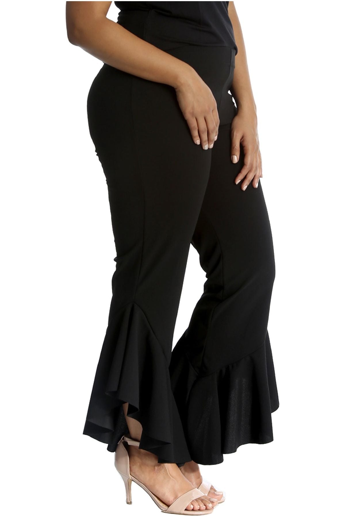 Black Plus Size Frill Asymmetric Hem Plain Trousers For Women 16-18 - Dropwear