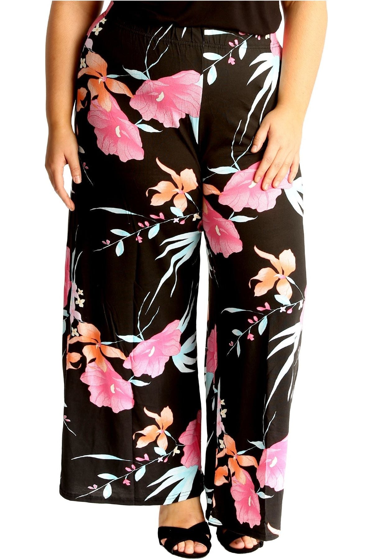 Black Plus Size Cerise Aqua Floral Print Palazzo Trouser For Women 16-18 - Dropwear