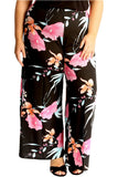 Black Plus Size Cerise Aqua Floral Print Palazzo Trouser For Women 16-18 - Dropwear