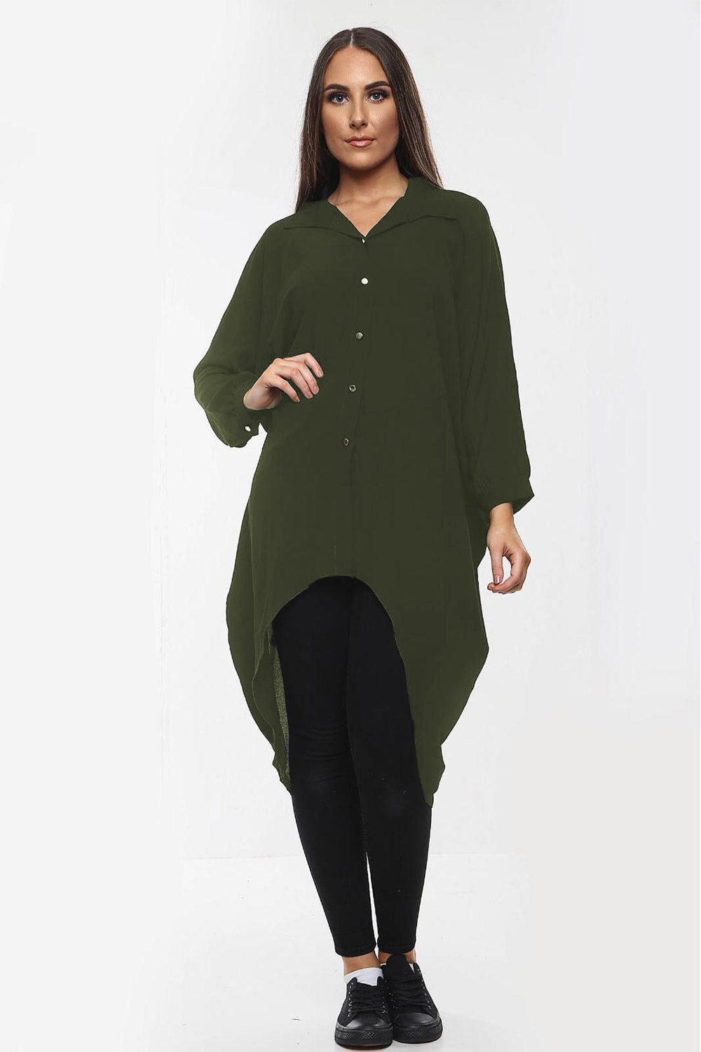 High-Low Oversized Button Long Top Shirt Dress with Hem andÂ LongÂ Sleeves For Women  - Dropwear