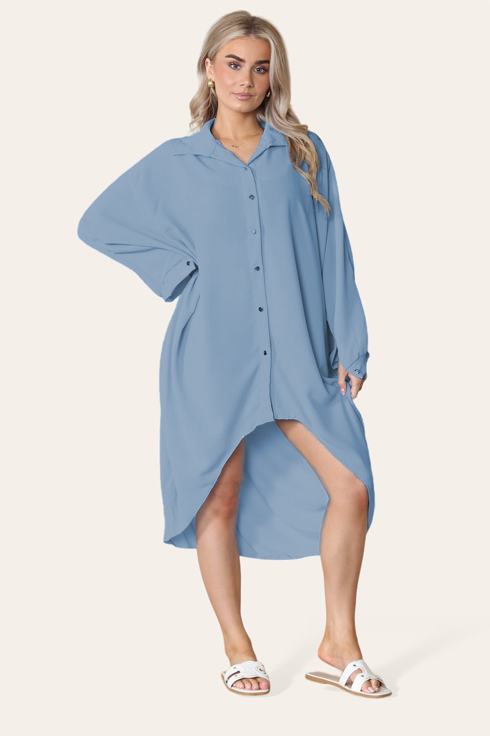 Mint High-Low Oversized Button Long Top Shirt Dress with Hem andÂ LongÂ Sleeves For Women ONE SIZE UK FIT (14 TO 22) - Dropwear