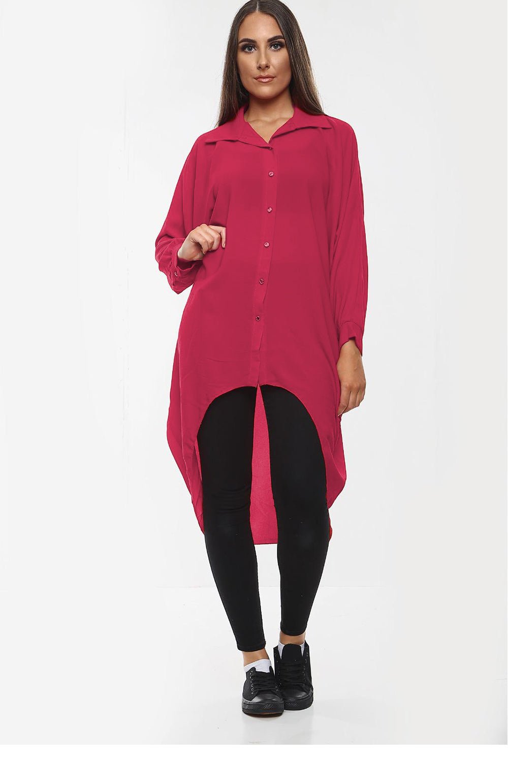High-Low Oversized Button Long Top Shirt Dress with Hem andÂ LongÂ Sleeves For Women  - Dropwear