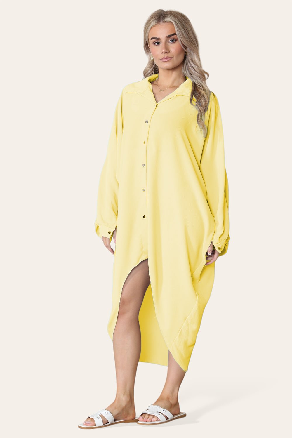 Beige High-Low Oversized Button Long Top Shirt Dress with Hem andÂ LongÂ Sleeves For Women ONE SIZE UK FIT (14 TO 22) - Dropwear