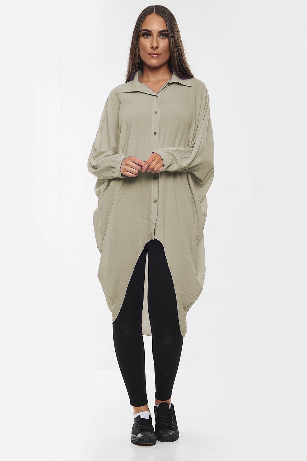High-Low Oversized Button Long Top Shirt Dress with Hem andÂ LongÂ Sleeves For Women  - Dropwear