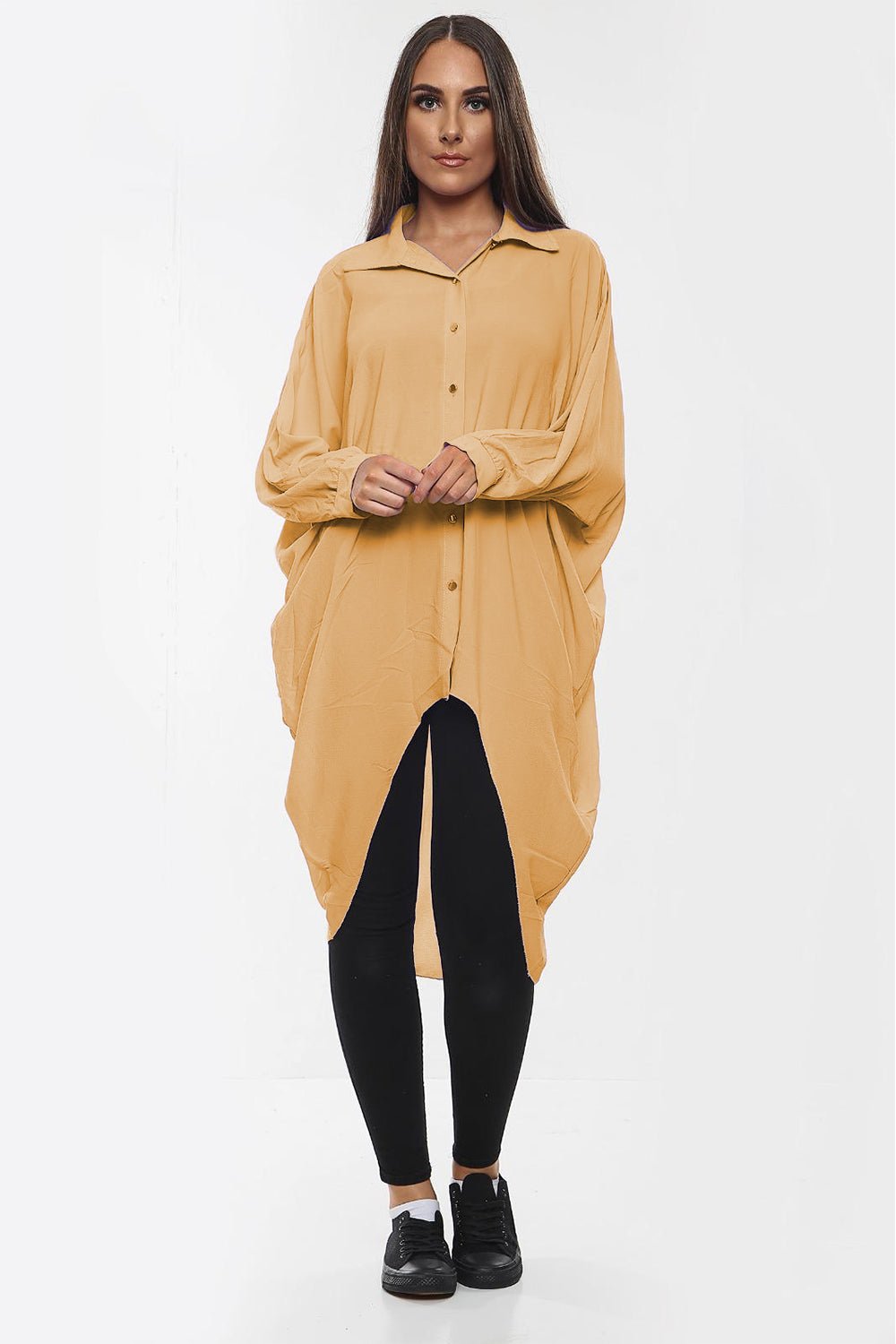 High-Low Oversized Button Long Top Shirt Dress with Hem andÂ LongÂ Sleeves For Women  - Dropwear