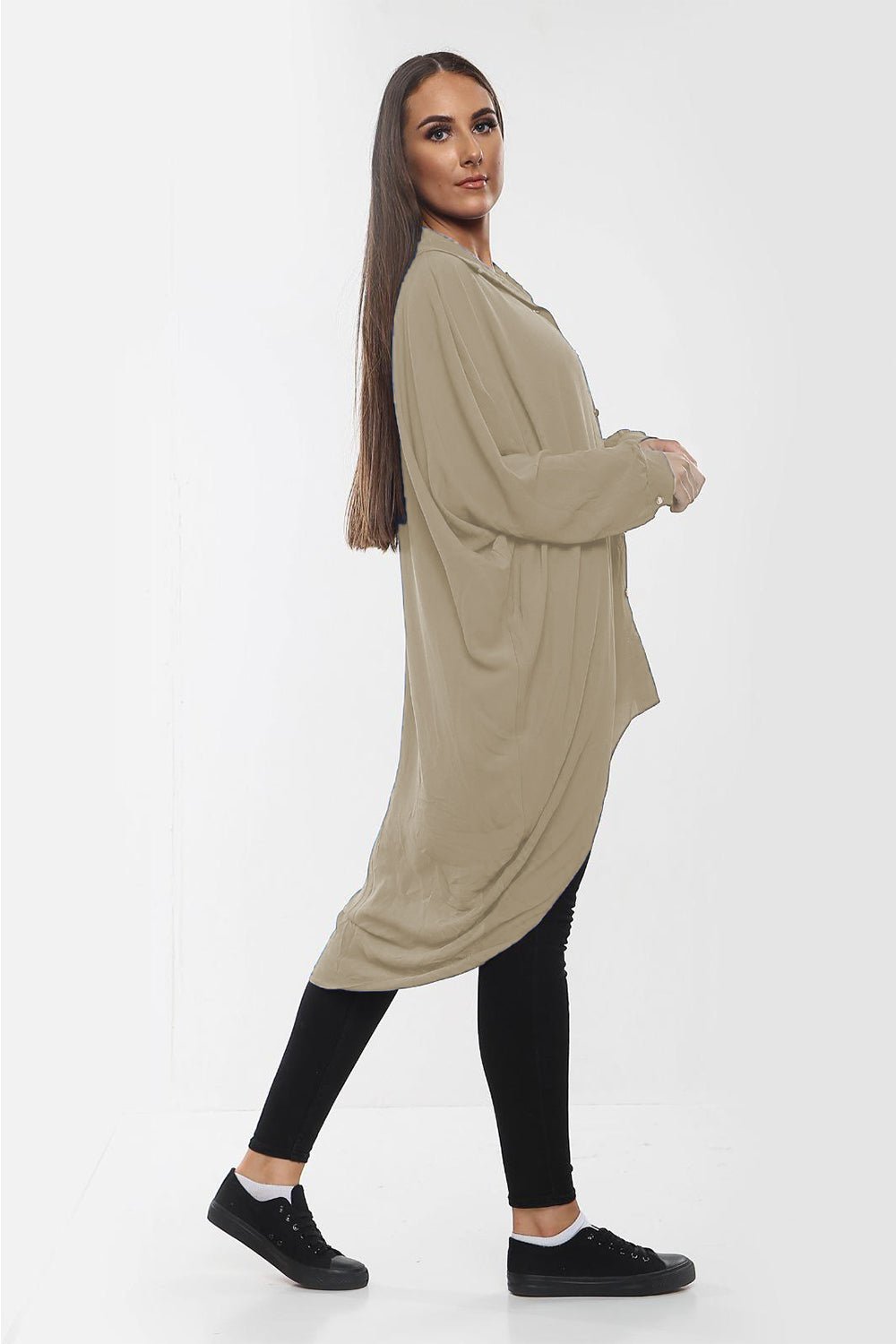 High-Low Oversized Button Long Top Shirt Dress with Hem andÂ LongÂ Sleeves For Women  - Dropwear