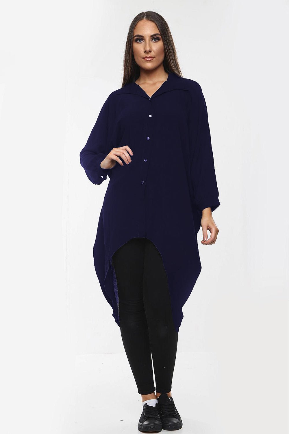 High-Low Oversized Button Long Top Shirt Dress with Hem andÂ LongÂ Sleeves For Women  - Dropwear