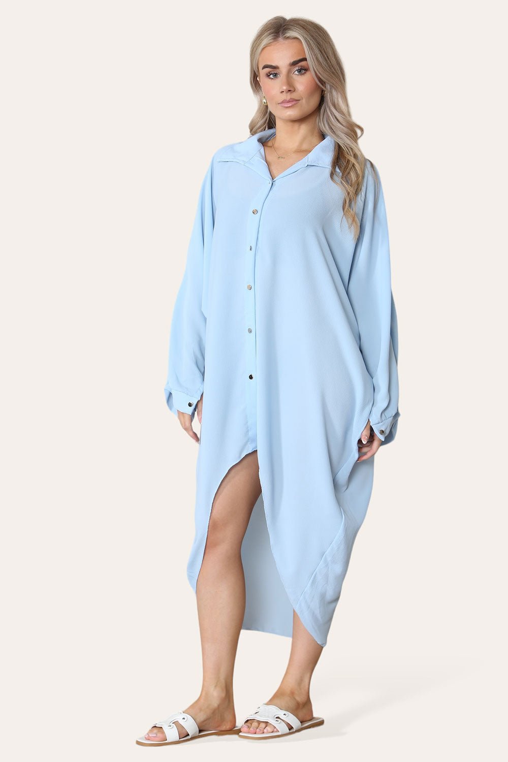 Sky Blue High-Low Oversized Button Long Top Shirt Dress with Hem andÂ LongÂ Sleeves For Women ONE SIZE UK FIT (14 TO 22) - Dropwear