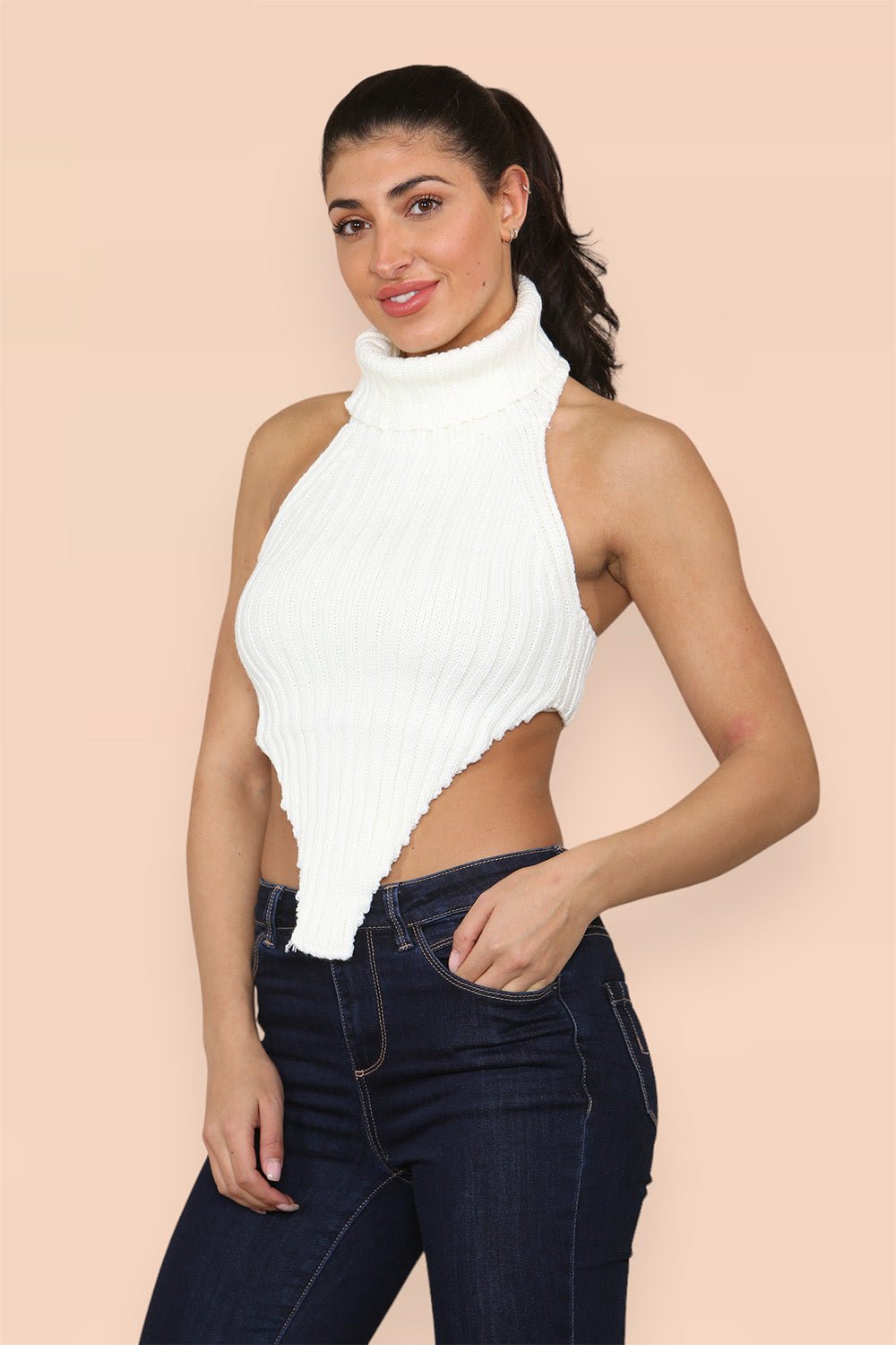 High Neck Roll Knitted Backless Front Cropped Top For Women  - Dropwear
