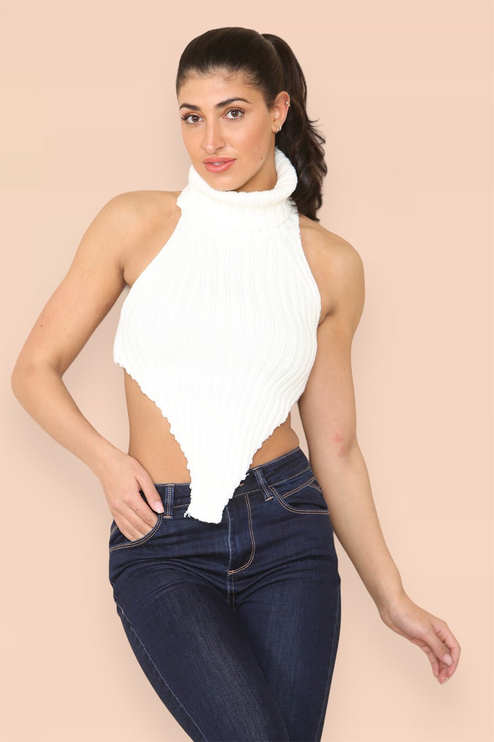 High Neck Roll Knitted Backless Front Cropped Top For Women  - Dropwear