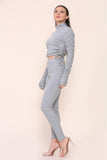 Beige High Neck Ruched Side Arm Solid Drawstrings Ribbed Tee and Leggings set For Women S/M - Dropwear