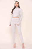 Khaki High Neck Ruched Side Arm Solid Drawstrings Ribbed Tee and Leggings set For Women M/L - Dropwear