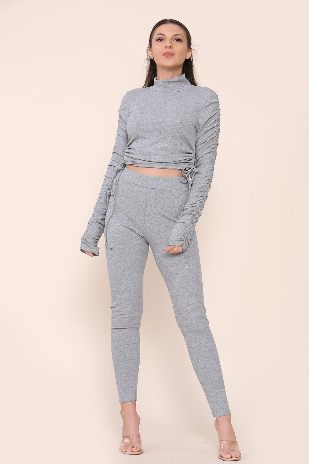 Dusty Pink High Neck Ruched Side Arm Solid Drawstrings Ribbed Tee and Leggings set For Women S/M - Dropwear