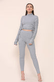 Dusty Pink High Neck Ruched Side Arm Solid Drawstrings Ribbed Tee and Leggings set For Women S/M - Dropwear
