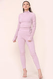 Khaki High Neck Ruched Side Arm Solid Drawstrings Ribbed Tee and Leggings set For Women S/M - Dropwear